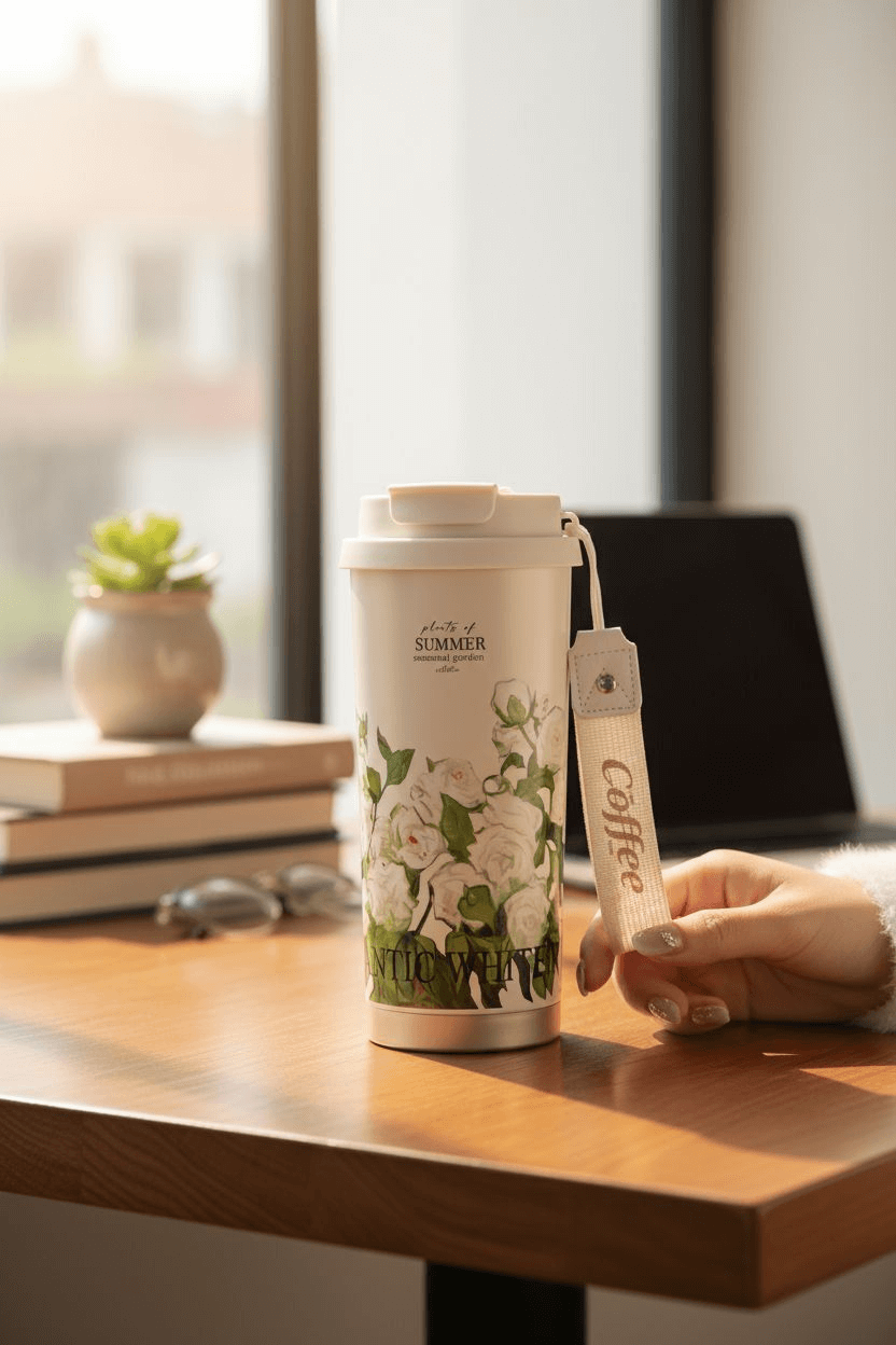 Reusable coffee cup with floral design on a desk next to a laptop